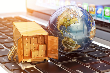 Internet shopping and e-commerce, package delivery concept, global freight transportation business, cargo container with cardboard boxes and Earth globe on laptop - obrazy, fototapety, plakaty