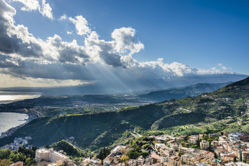 View of the Taormina city and Tyrrhenian Sea. Province of Messina.Sicily. Italy.