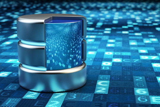 Remote data storage, cloud computing, network data server and computer technology concept, metallic database on blue background with digital code