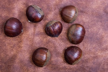 Some Chestnuts on  Brown Cloth Background with Leaves and raw Sh
