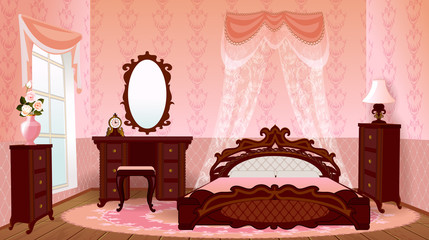 Interior bedroom in italian old style. Vintage cartoon house room. © lunokot