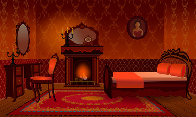 Vintage cartoon interior design of house room: bedroom with fireplace.