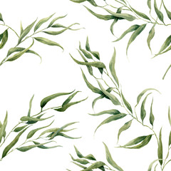 Watercolor eucalyptus leaves seamless pattern on white background. Floral texture for design, textile and background.