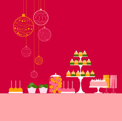 Christmas dessert  bar with cupcakes. Vector illustration.