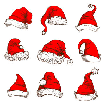 Christmas red hat or cap of Santa and elf icon set