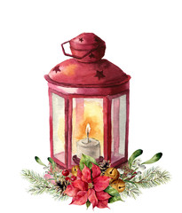 Watercolor traditional red lantern with candle and floral decor. Hand painted Christmas lantern with fir branch, poinsettia, holly, mistletoe, pine cone and bells for design, print. Party decor © yuliya_derbisheva