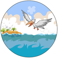 Cartoon sea illustration with a flying bird and an island.