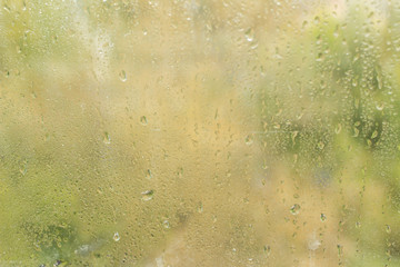 Rainy day. Water drops on window glass.