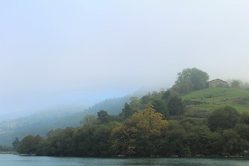 Fototapeta na wymiar paisaje en bruma azul y verde