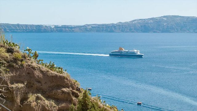 Generic Greek Ferry in Santorini Greece Sailing Between the Popular Greek Island and Other Mediterranean Destinations