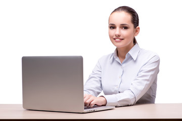 Businesswoman working at her desk on white background