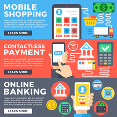 Mobile shopping, contactless payment, online banking flat illustration concepts set. Flat design graphic for web sites, web banners, templates, printed materials, infographics. Vector illustrations