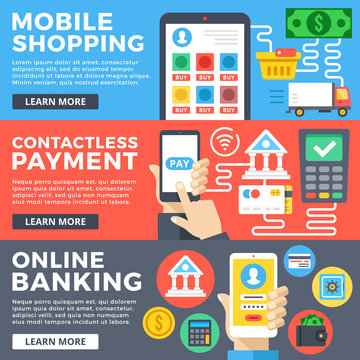 Mobile shopping, contactless payment, online banking flat illustration concepts set. Flat design graphic for web sites, web banners, templates, printed materials, infographics. Vector illustrations