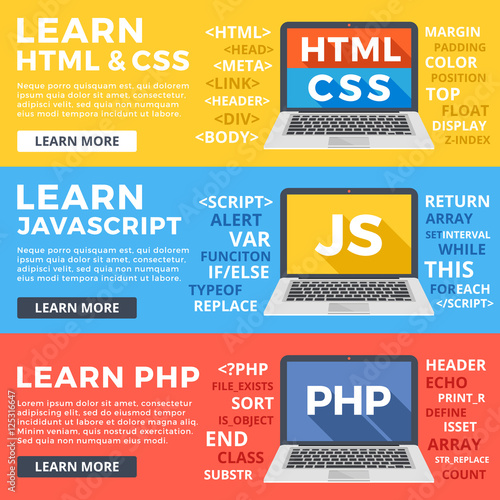 "Learn HTML and CSS, learn Javascript and PHP flat illustration ...