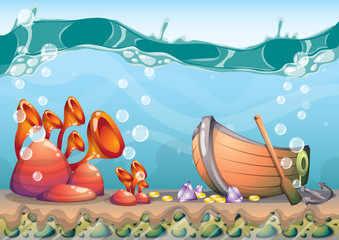 Naklejka premium cartoon vector underwater treasure background with separated layers for game art and animation game design asset in 2d graphic