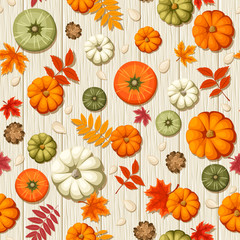 Vector seamless pattern with colorful pumpkins, pumpkin seeds, cones and autumn leaves on a wooden background.