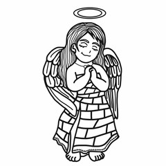Angel prayer cartoon illustration black and white