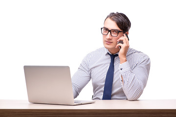 Handsome businessman working with laptop computer isolated on wh