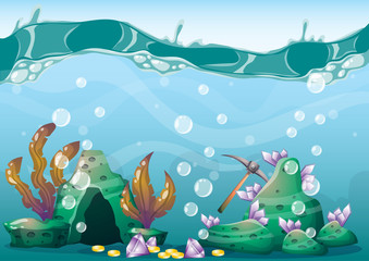 Naklejka na ściany i meble cartoon vector underwater treasure background with separated layers for game art and animation game design asset in 2d graphic