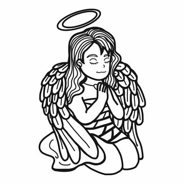 Angel prayer cartoon illustration black and white