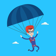 Young happy man flying with parachute.