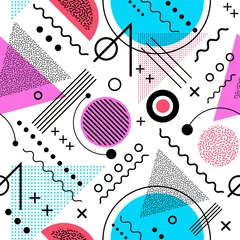Gordijnen Naadloos op de jaren 80 geïnspireerd grafisch patroon van lijnen en geometrische vormen. memphis-stijl © TeddyandMia