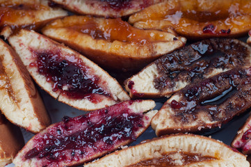 Delisious pancakes with jam background.
