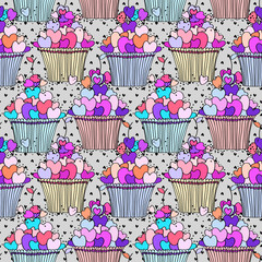seamless vector pattern with cupcakes full of hearts