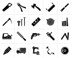 Black Carpentry, logging and woodworking icons - vector icon set