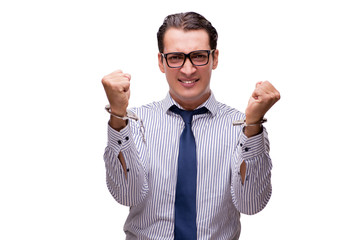 Businessman handcuffed isolated on white