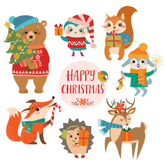 Set of cute forest animals with Christmas presents.