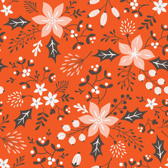 Floral Christmas seamless pattern on red background.