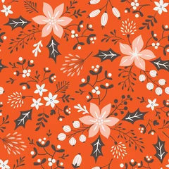 Wall murals Red Floral Christmas seamless pattern on red background.