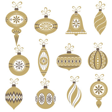 Set Of Retro Christmas Ornaments Isolated On White Background.