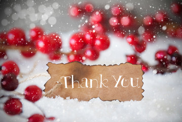Burnt Label, Snow, Snowflakes, Text Thank You