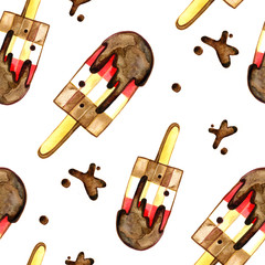 Watercolor chocolate and strawberries ice cream seamless pattern