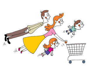 family of four shopping with shopping cart - humorous funny cartoon illustration
