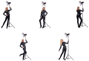 Collage of woman during photo shoot isolated on white