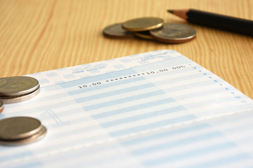 Statement account and Saving account book bank with pen and bill payment for Business financial and loan