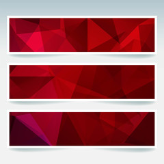 Vector banners set with polygonal abstract red triangles. Abstract polygonal low poly banners.