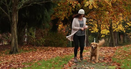Woman walking golden retriever dog through a leaf covered park trail in Fall