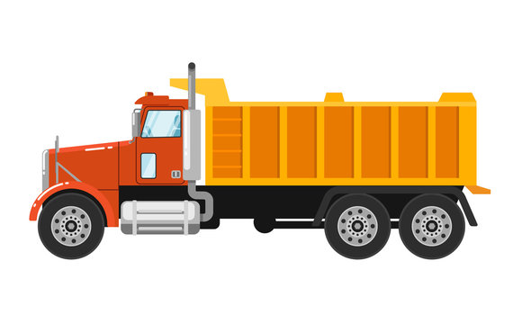 Big yellow tipper truck isolated on white background vector illustration. Modern dump truck side view. Vehicle for cargo transportation. Design element for your projects. Construction machinery