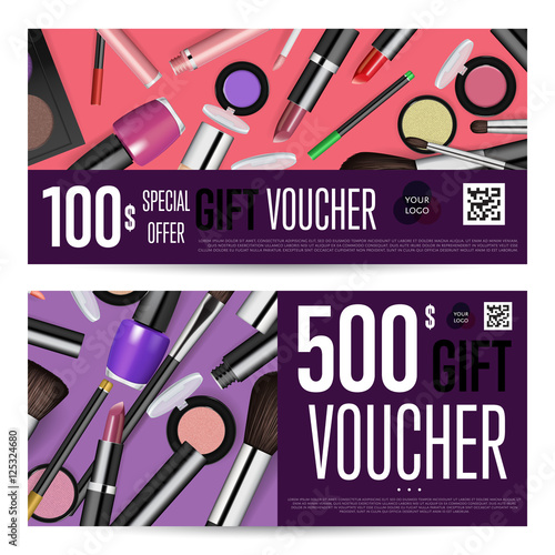 "Cosmetics gift voucher template. Gift coupon with fashion makeup