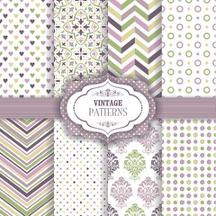 Set of 8 seamless background of green and violet color in the style of vintage