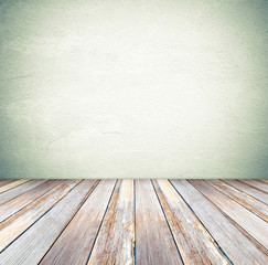 Perspective wood over cement wall background