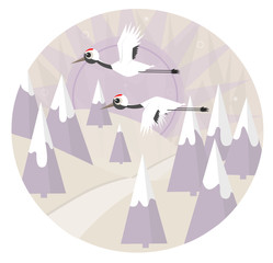 Crane In Winter - Two red crowned cranes are flying over a snowy landscape. Eps10