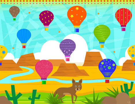 Desert Balloons Pattern - Colorful pattern of hot air balloons and a desert scene of mountains, cacti and a cute coyote. Eps10