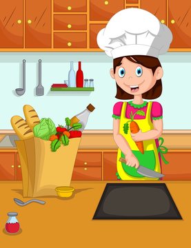 cute mom cartoon cook in the kitchen