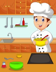 funny chef cartoon holding a bowl in the kitchen