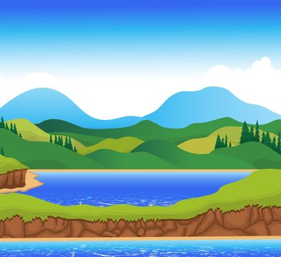 beautiful view of river cartoon with mountain landscape background